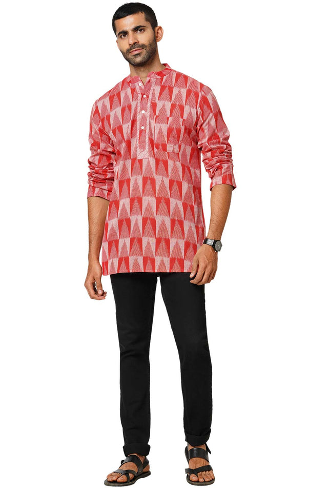 Men's Red Cotton Ikkat Weave Short Kurta