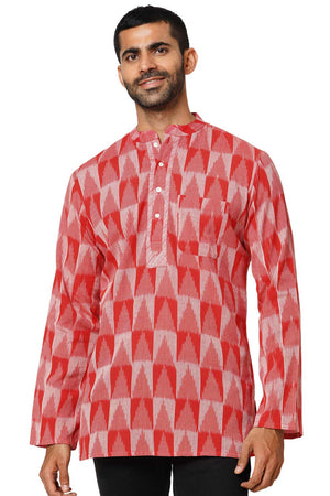 Men's Red Cotton Ikkat Weave Short Kurta