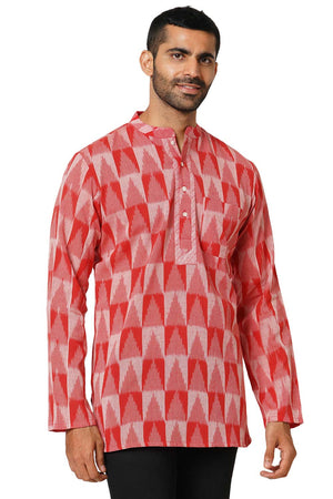 Men's Red Cotton Ikkat Weave Short Kurta