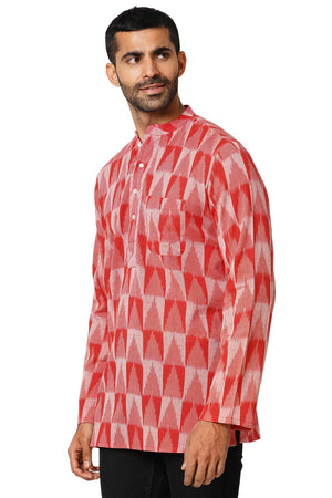 Men's Red Cotton Ikkat Weave Short Kurta