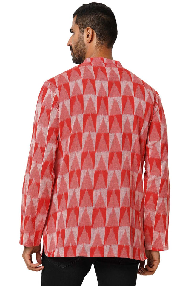 Men's Red Cotton Ikkat Weave Short Kurta