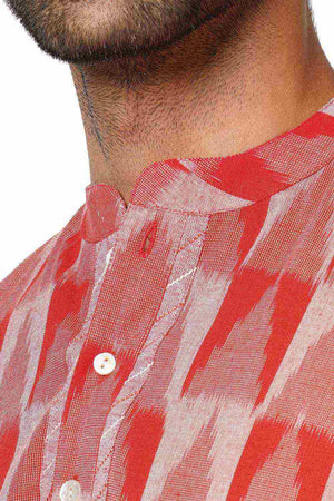 Men's Red Cotton Ikkat Weave Short Kurta
