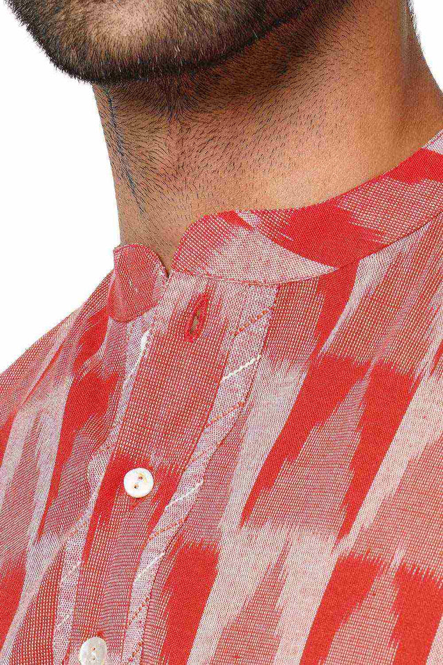 Men's Red Cotton Ikkat Weave Short Kurta