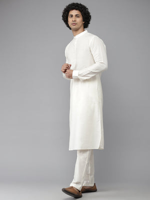 Buy Men's Off-White Silk Jacquard Woven Design Kurta Pajama Jacket Set Online - Back
