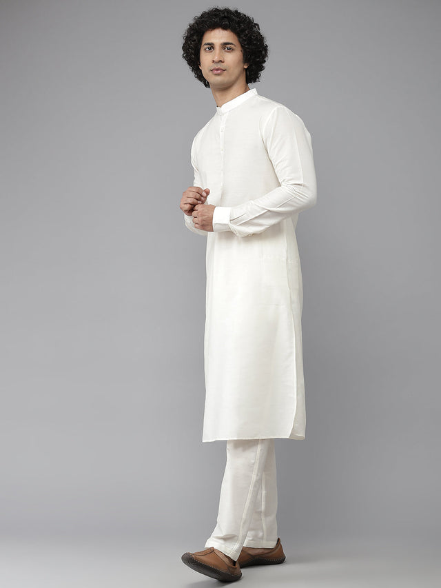 Buy Men's Off-White Silk Jacquard Woven Design Kurta Pajama Jacket Set Online - Back
