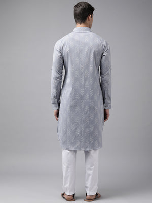 Buy Men's Light Grey Pure Cotton Chevron Printed Pathani Set Online - Side