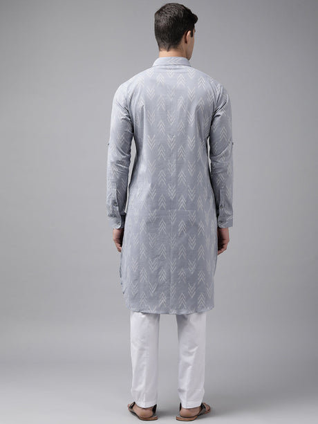 Buy Men's Light Grey Pure Cotton Chevron Printed Pathani Set Online - Side