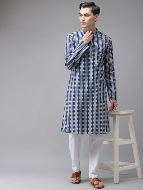 Buy Men's Blue Cotton Printed Kurta Pajama Set Online