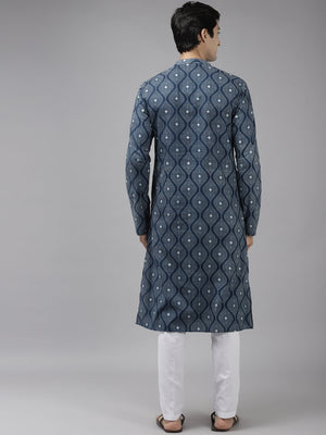 Buy Men's Blue Cotton Printed Kurta Pajama Set Online - Back