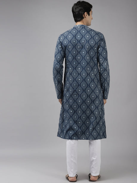 Buy Men's Blue Cotton Printed Kurta Pajama Set Online - Back