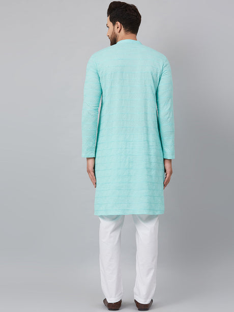 Buy Men's Turquoise Blue Cotton Chikankari Embroidered Kurta Pajama Set Online - Back