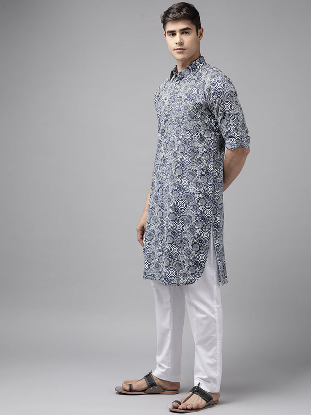 Buy Men's Blue Pure Cotton Abstract Printed Pathani Set Online - Front