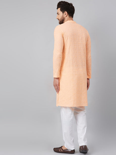 Buy Men's Peach Cotton Chikankari Embroidered Kurta Pajama Set Online - Back
