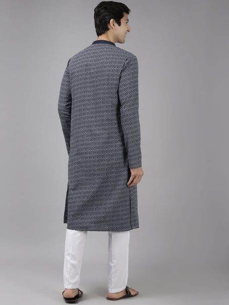 Buy Men's Blue Cotton Geometric Printed Straight Kurta Online - Back