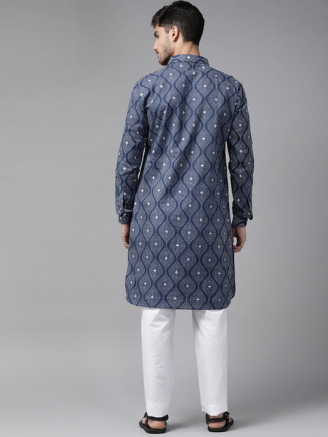 Buy Men's Indigo Pure Cotton Printed Pathani Set Online - Side