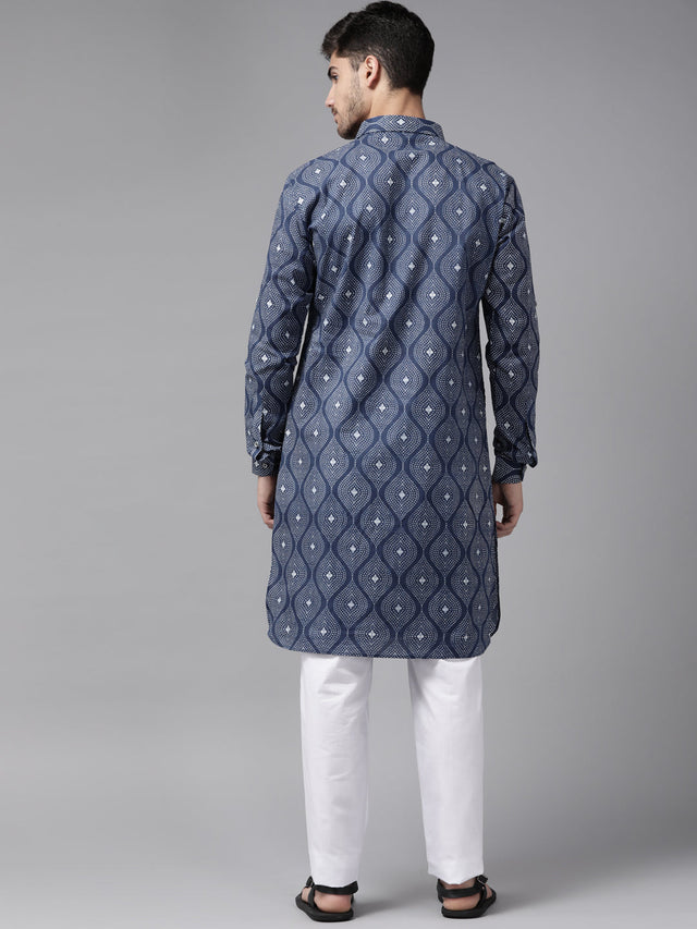 Buy Men's Indigo Pure Cotton Printed Pathani Set Online - Side