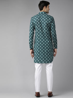 Buy Men's Teal Blue Pure Cotton Printed Pathani Set Online - Side