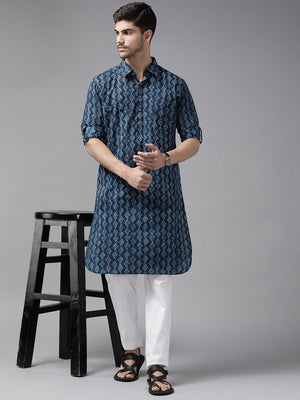 Buy Men's Indigo Pure Cotton Printed Pathani Set Online