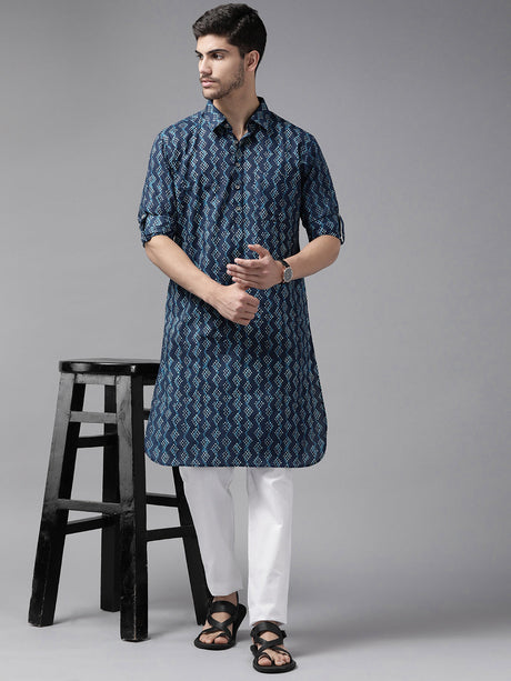 Buy Men's Indigo Pure Cotton Printed Pathani Set Online