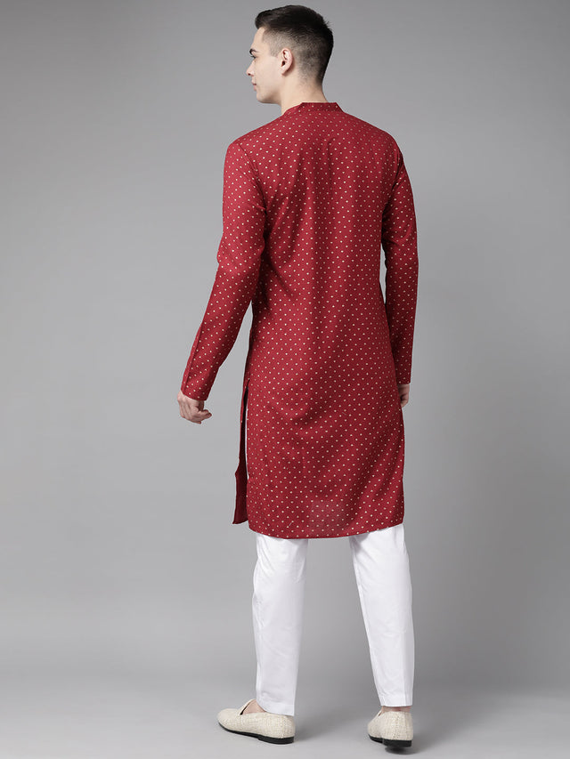 Buy Men's Maroon Cotton Printed Straight Kurta Online - Side
