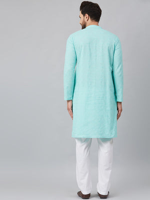 Buy Men's Turquoise Blue Cotton Chikankari Embroidered Kurta Pajama Set Online - Back