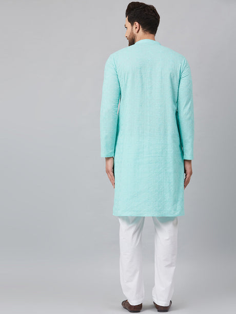 Buy Men's Turquoise Blue Cotton Chikankari Embroidered Kurta Pajama Set Online - Back
