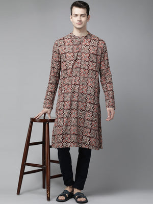 Buy Men's Maroon Cotton Kalamkari Block Printed Straight Kurta Online