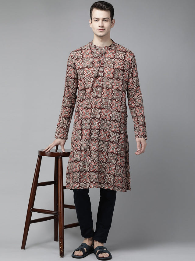 Buy Men's Maroon Cotton Kalamkari Block Printed Straight Kurta Online