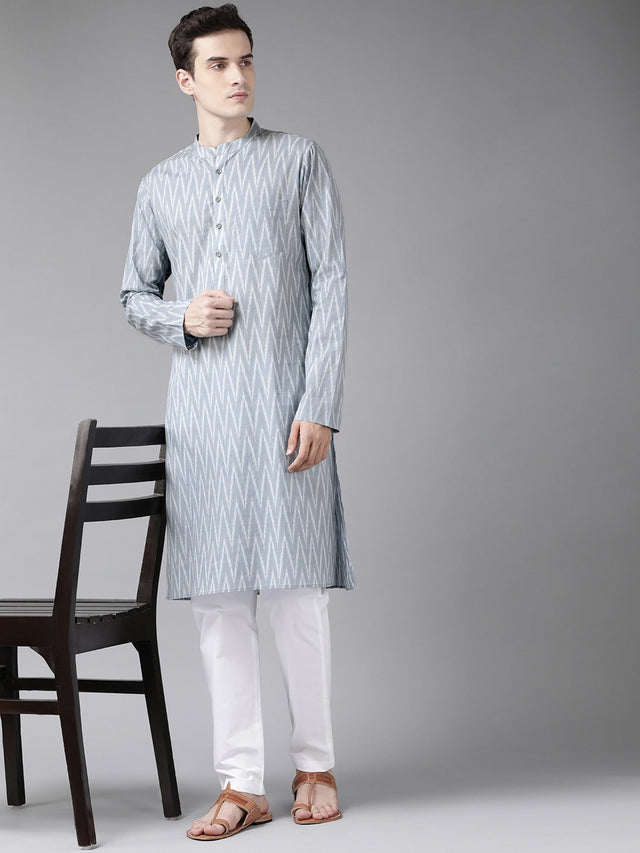 Buy Men's Grey Cotton Abstract Print Straight Kurta Online