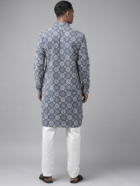 Buy Men's Indigo Pure Cotton Floral Printed Pathani Set Online - Side
