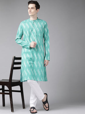 Buy Men's Turquoise Blue Cotton Ikat Printed Straight Kurta Online