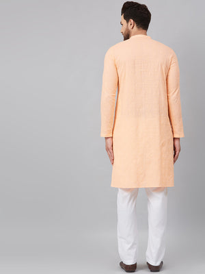 Buy Men's Peach Cotton Chikankari Embroidered Straight Kurta Online