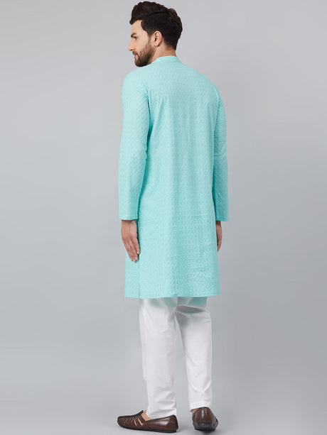 Buy Men's Turquoise Blue Cotton Chikankari Embroidered Kurta Pajama Set Online - Back