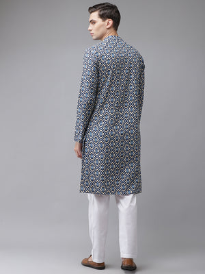 Buy Men's Blue Cotton Printed Kurta Pajama Set Online - Back