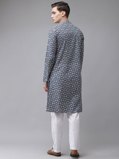 Buy Men's Blue Cotton Printed Kurta Pajama Set Online - Back