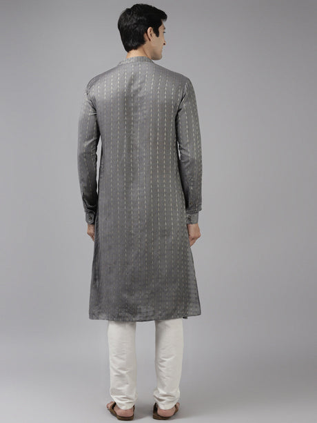 Buy Men's Grey Art Silk Woven Thread Work Kurta Pajama Set Online - Back