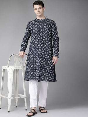 Buy Men's Navy Blue Cotton Geometric Printed Straight Kurta Online
