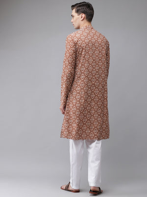 Buy Men's Beige Cotton Printed Kurta Pajama Set Online - Back