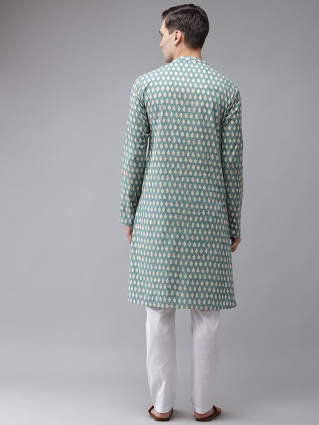 Buy Men's Green Cotton Hand Block Print Straight Kurta Online - Back