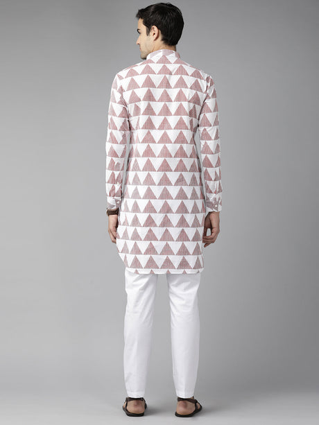 Buy Men's White Pure Cotton Chevron Printed Pathani Set Online - Side