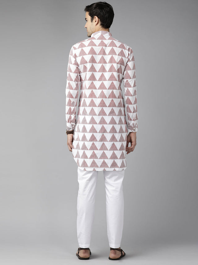 Buy Men's White Pure Cotton Chevron Printed Pathani Set Online - Side