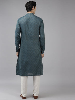 Buy Men's Teal Cotton Abstract Thread Work Straight Kurta Online - Back
