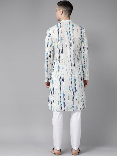 Buy Men's White Cotton Tie And Dye Print Straight Kurta Online - Side