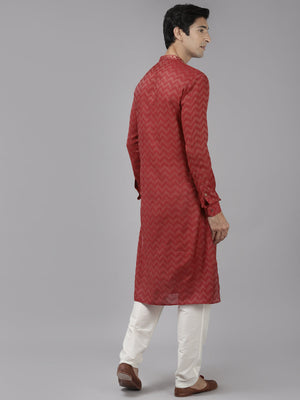Buy Men's Maroon Cotton Woven Thread Work Straight Kurta Online - Back