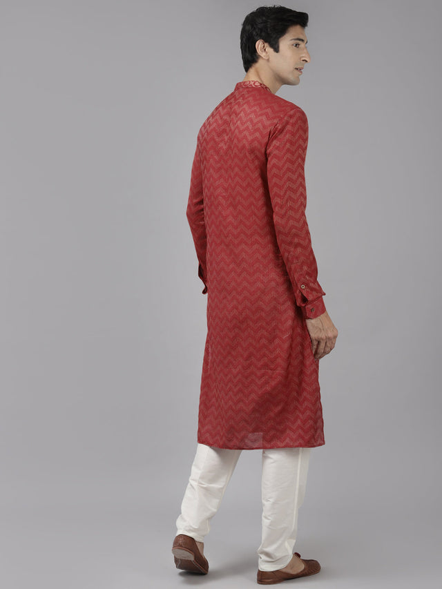 Buy Men's Maroon Cotton Woven Thread Work Straight Kurta Online - Back