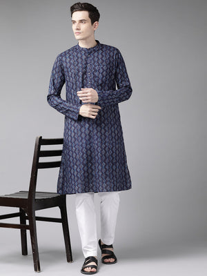 Buy Men's Blue Cotton Printed Kurta Pajama Set Online