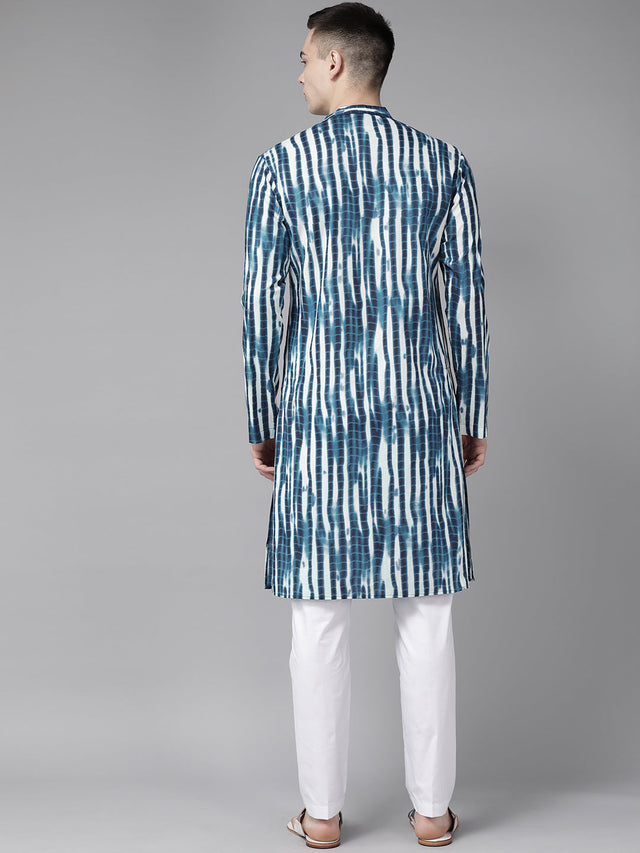 Buy Men's Blue Cotton Tie And Dye Print Straight Kurta Online - Side