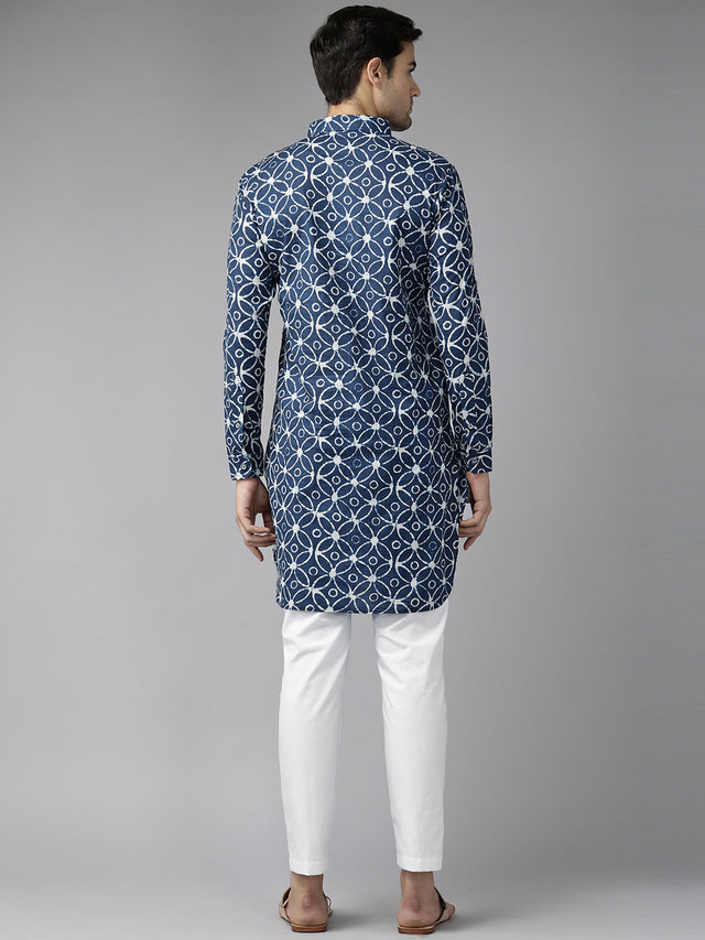 Buy Men's Blue Pure Cotton Motif Printed Pathani Set Online - Side