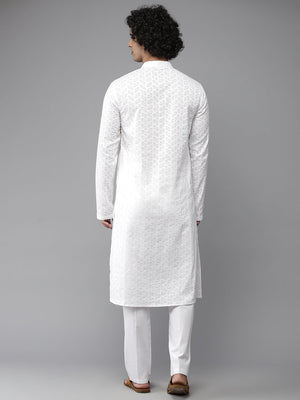 Buy Men's White Pure Cotton Chikankari Embroidered Kurta Pajama Set Online - Side