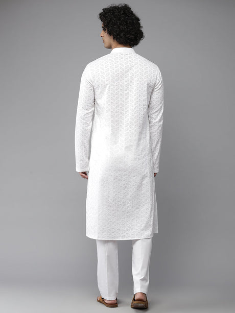 Buy Men's White Pure Cotton Chikankari Embroidered Kurta Pajama Set Online - Side